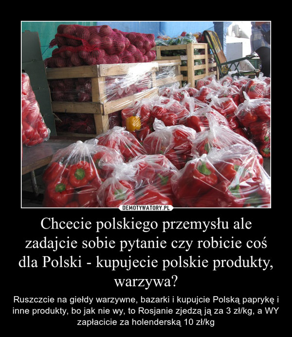 Chcecie polskiego przemysłu ale zadajcie sobie pytanie czy robicie coś dla Polski - kupujecie polskie produkty, warzywa? – Ruszczcie na giełdy warzywne, bazarki i kupujcie Polską paprykę i inne produkty, bo jak nie wy, to Rosjanie zjedzą ją za 3 zł/kg, a WY zapłacicie za holenderską 10 zł/kg 