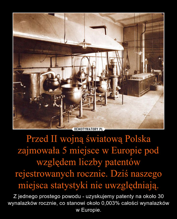 Przed II wojną światową Polska zajmowała 5 miejsce w Europie pod względem liczby patentów rejestrowanych rocznie. Dziś naszego miejsca statystyki nie uwzględniają.