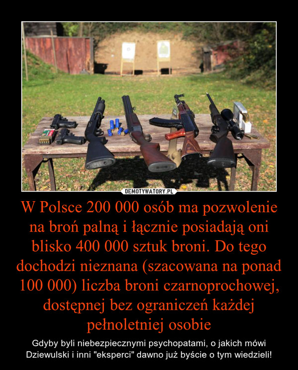 W Polsce 200 000 osób ma pozwolenie na broń palną i łącznie posiadają oni blisko 400 000 sztuk broni. Do tego dochodzi nieznana (szacowana na ponad 100 000) liczba broni czarnoprochowej, dostępnej bez ograniczeń każdej pełnoletniej osobie