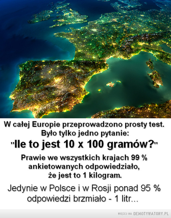 Jedno pytanie –  W całej Europie przeprowadzono prosty test. Było tylko jedno pytanie :" Ile to jest 10 x 100 gramów"Prawie we wszystkich krajach 99 % ankietowanych odpowiedziało że jest to 1 kilogram.Jedynie w Polsce i w Rosji ponad 95 % odpowiedzi brzmiało - 1 litr