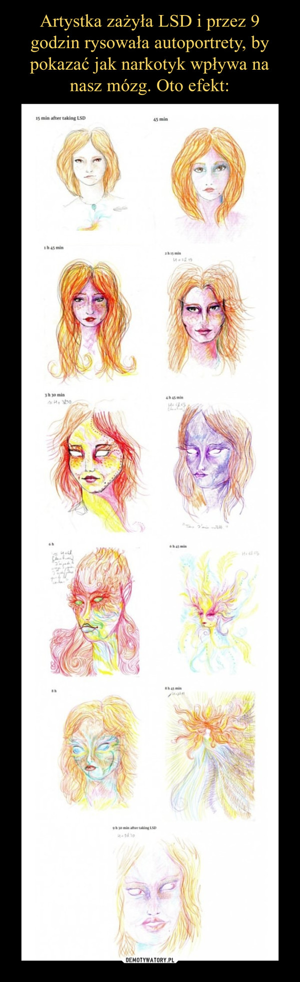 Artystka zażyła LSD i przez 9 godzin rysowała autoportrety, by pokazać jak narkotyk wpływa na nasz mózg. Oto efekt: