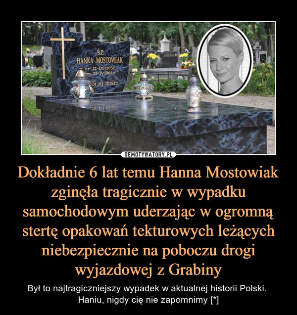 Dokładnie 6 lat temu Hanna Mostowiak zginęła tragicznie w wypadku samochodowym uderzając w ogromną stertę opakowań tekturowych leżących niebezpiecznie na poboczu drogi wyjazdowej z Grabiny