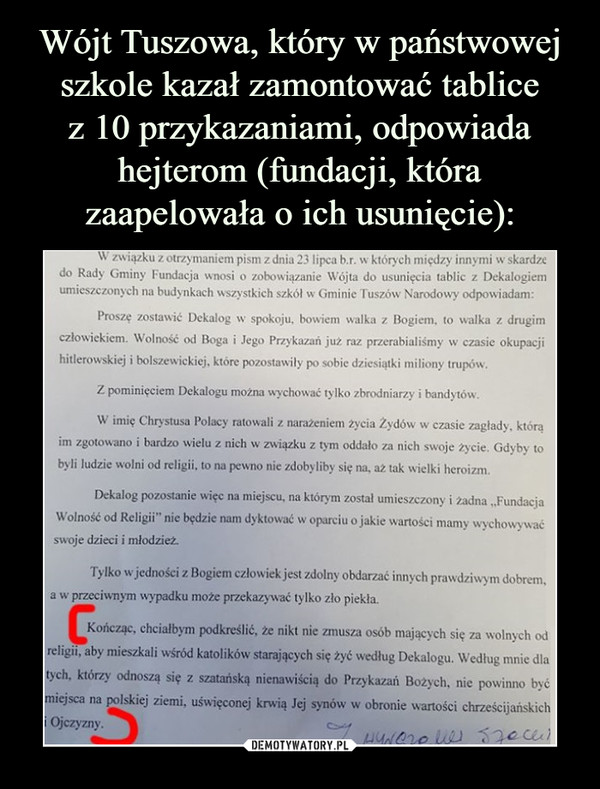 Wójt Tuszowa, który w państwowej szkole kazał zamontować tablice
z 10 przykazaniami, odpowiada hejterom (fundacji, która zaapelowała o ich usunięcie):