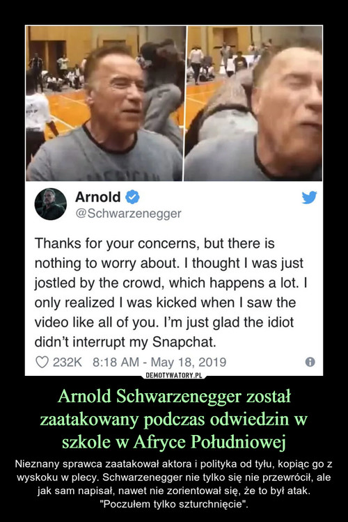 Arnold Schwarzenegger został zaatakowany podczas odwiedzin w szkole w Afryce Południowej
