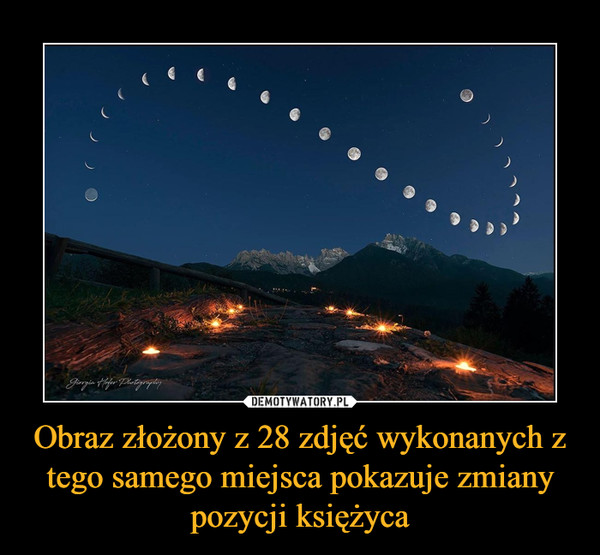Obraz złożony z 28 zdjęć wykonanych z tego samego miejsca pokazuje zmiany pozycji księżyca –  