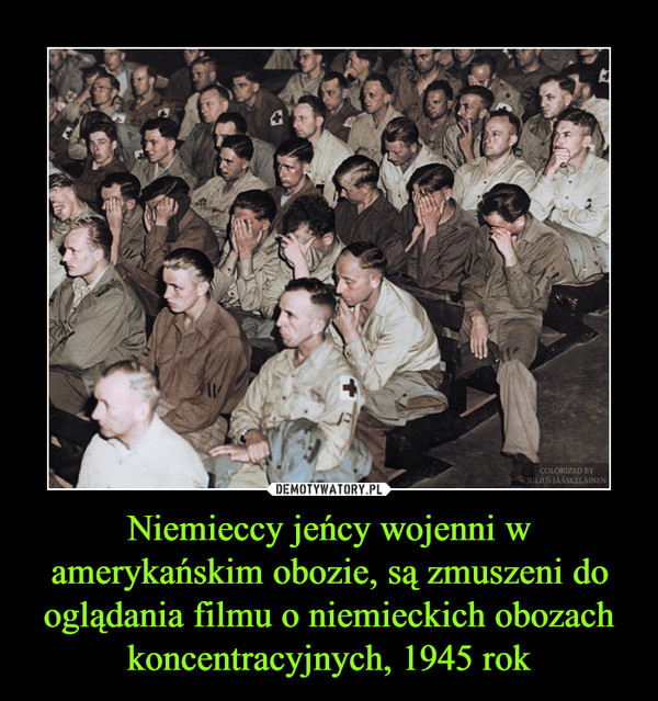 Niemieccy jeńcy wojenni w amerykańskim obozie, są zmuszeni do oglądania filmu o niemieckich obozach koncentracyjnych, 1945 rok