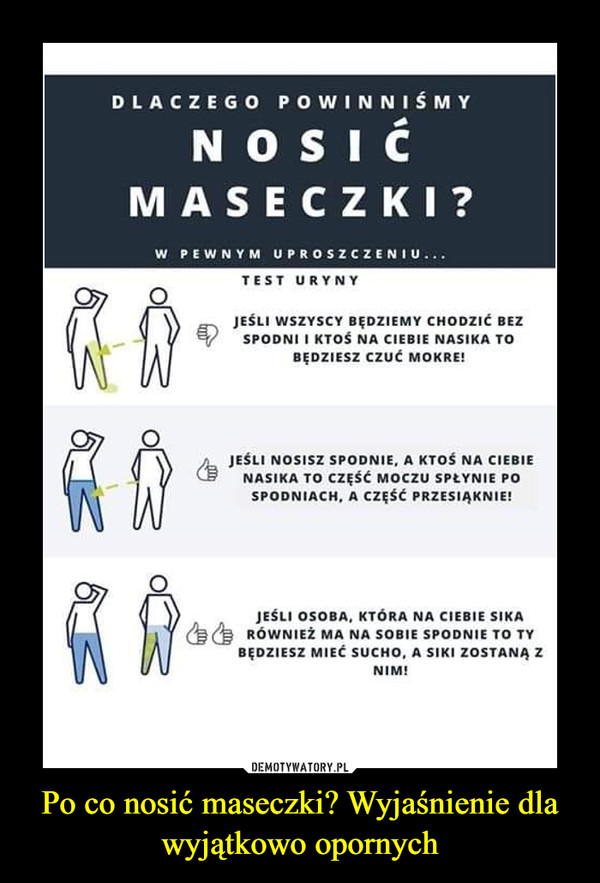 Po co nosić maseczki? Wyjaśnienie dla wyjątkowo opornych –  DLACZEGO POWINNIŚMY • NOSIC MASECZKI? W PEWNYM UPROSZCZENIU... TEST URYNY JEŚLI WSZYSCY BĘDZIEMY CHODZIE BEZ SPODNI I KTOŚ NA CIEBIE NASIKA TO BĘDZIESZ CZUĆ MOKRE!