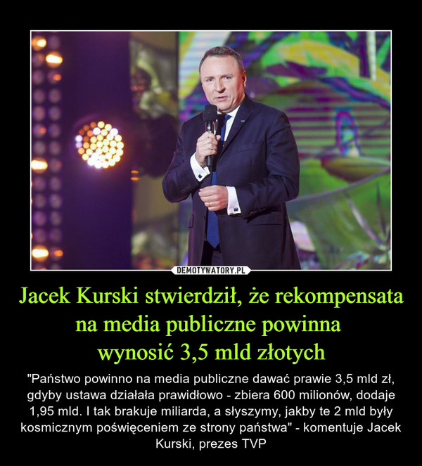 Jacek Kurski stwierdził, że rekompensata na media publiczne powinna wynosić 3,5 mld złotych – "Państwo powinno na media publiczne dawać prawie 3,5 mld zł, gdyby ustawa działała prawidłowo - zbiera 600 milionów, dodaje 1,95 mld. I tak brakuje miliarda, a słyszymy, jakby te 2 mld były kosmicznym poświęceniem ze strony państwa" - komentuje Jacek Kurski, prezes TVP 