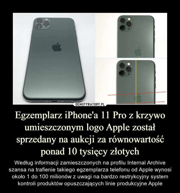 Egzemplarz iPhone'a 11 Pro z krzywo umieszczonym logo Apple został sprzedany na aukcji za równowartość ponad 10 tysięcy złotych