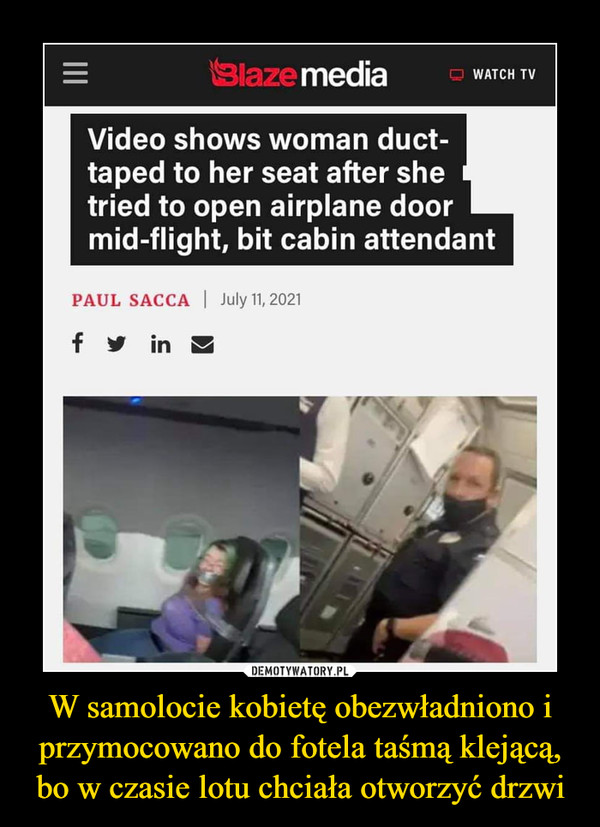 W samolocie kobietę obezwładniono i przymocowano do fotela taśmą klejącą, bo w czasie lotu chciała otworzyć drzwi –  