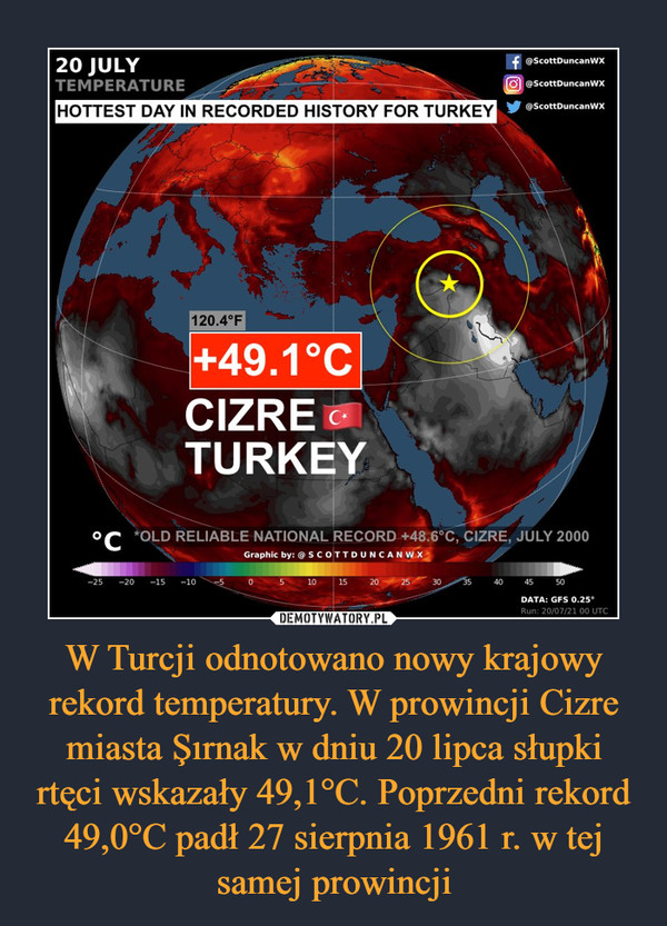 W Turcji odnotowano nowy krajowy rekord temperatury. W prowincji Cizre miasta Şırnak w dniu 20 lipca słupki rtęci wskazały 49,1°C. Poprzedni rekord 49,0°C padł 27 sierpnia 1961 r. w tej samej prowincji