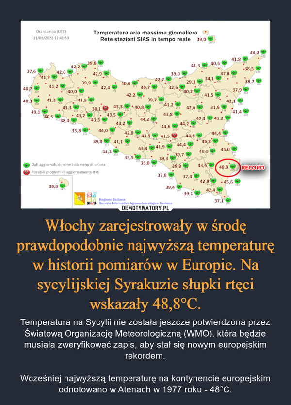 Włochy zarejestrowały w środę prawdopodobnie najwyższą temperaturę w historii pomiarów w Europie. Na sycylijskiej Syrakuzie słupki rtęci wskazały 48,8°C.