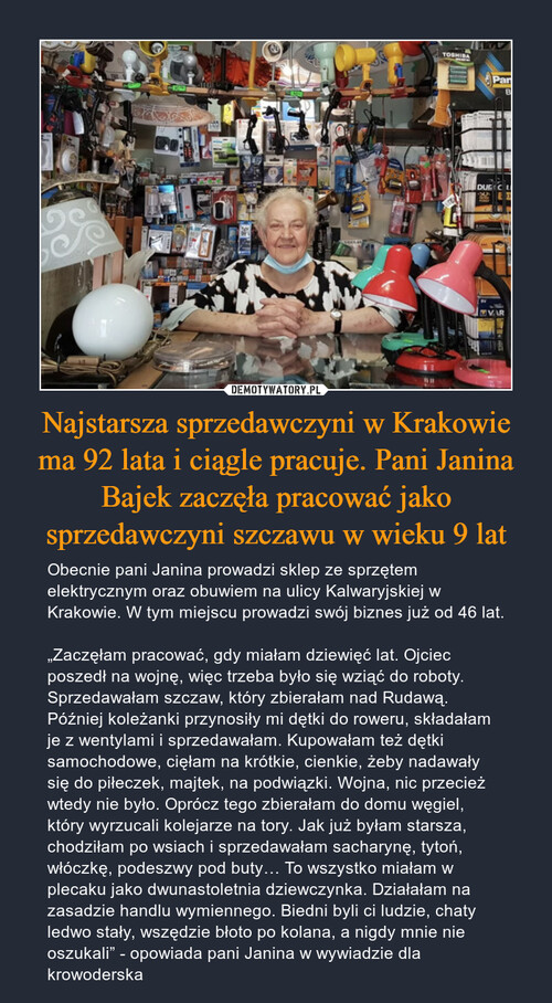 Najstarsza sprzedawczyni w Krakowie ma 92 lata i ciągle pracuje. Pani Janina Bajek zaczęła pracować jako sprzedawczyni szczawu w wieku 9 lat