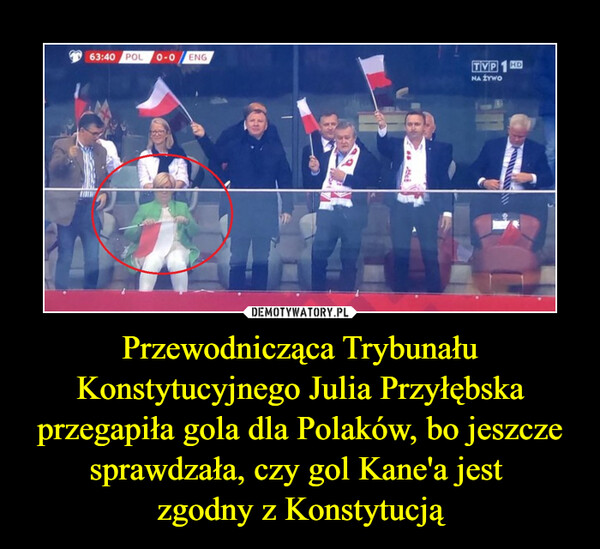Przewodnicząca Trybunału Konstytucyjnego Julia Przyłębska przegapiła gola dla Polaków, bo jeszcze sprawdzała, czy gol Kane'a jest 
zgodny z Konstytucją