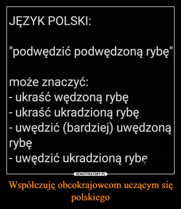 Współczuję obcokrajowcom uczącym się polskiego –  JĘZYK POLSKI:"podwędzić podwędzoną rybę"może znaczyć: