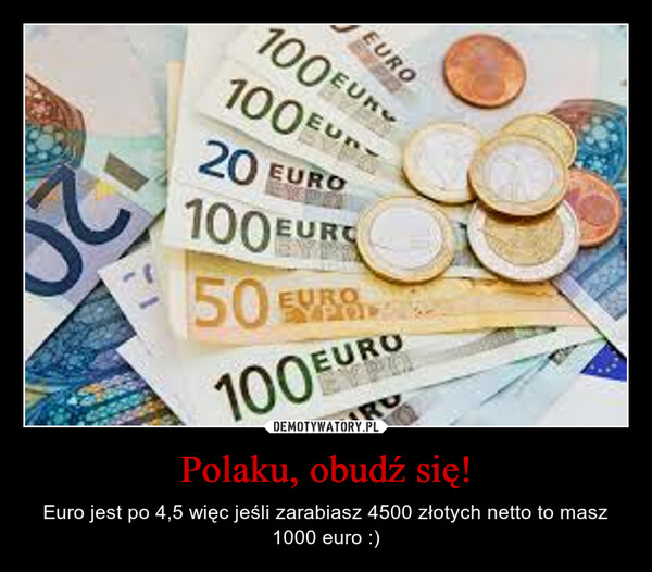 Polaku, obudź się! – Euro jest po 4,5 więc jeśli zarabiasz 4500 złotych netto to masz 1000 euro :) 