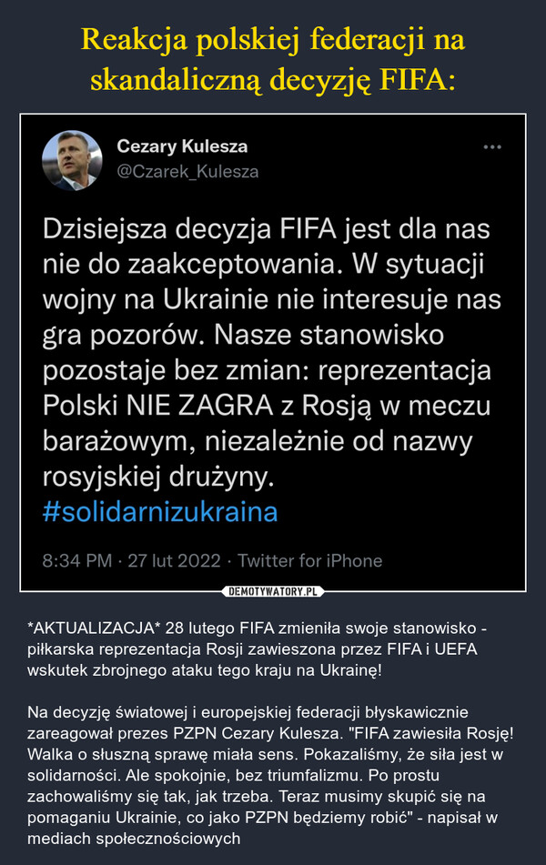 Reakcja polskiej federacji na skandaliczną decyzję FIFA: