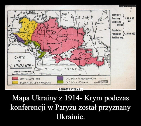 Mapa Ukrainy z 1914- Krym podczas konferencji w Paryżu został przyznany Ukrainie. –  