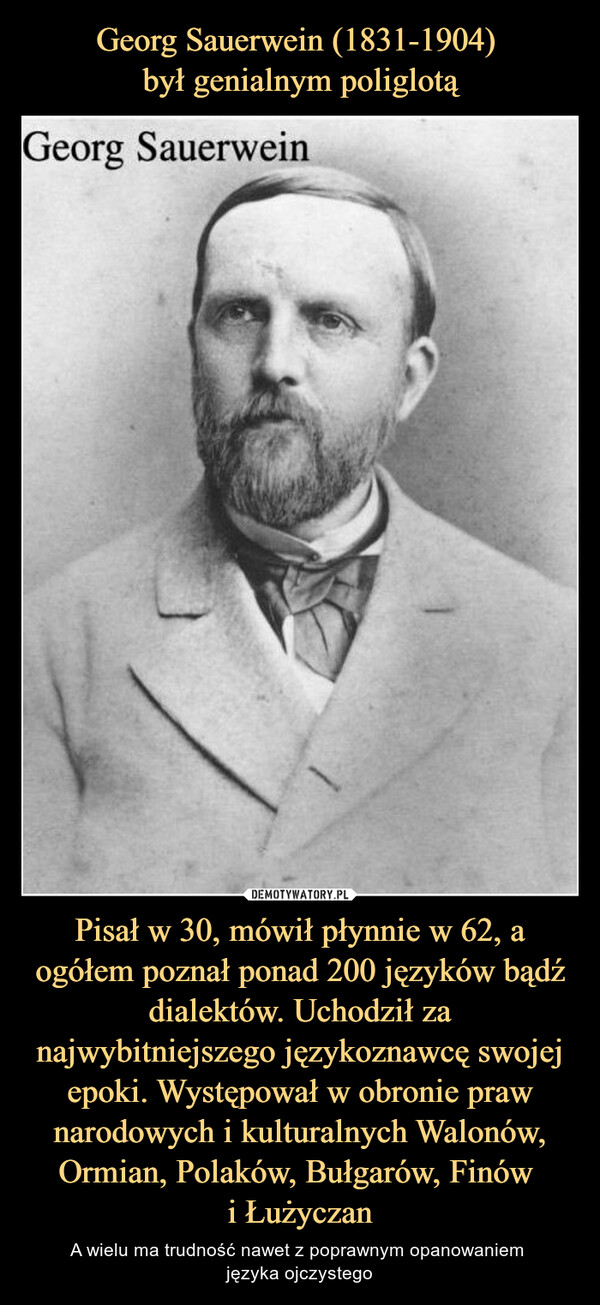Georg Sauerwein (1831-1904) 
był genialnym poliglotą Pisał w 30, mówił płynnie w 62, a ogółem poznał ponad 200 języków bądź dialektów. Uchodził za najwybitniejszego językoznawcę swojej epoki. Występował w obronie praw narodowych i kulturalnych Walonów, Ormian, Polaków, Bułgarów, Finów 
i Łużyczan