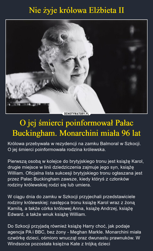 Nie żyje królowa Elżbieta II O jej śmierci poinformował Pałac Buckingham. Monarchini miała 96 lat