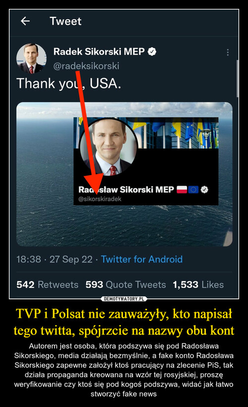 TVP i Polsat nie zauważyły, kto napisał tego twitta, spójrzcie na nazwy obu kont