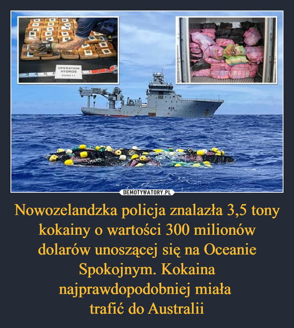 Nowozelandzka policja znalazła 3,5 tony kokainy o wartości 300 milionów dolarów unoszącej się na Oceanie Spokojnym. Kokaina najprawdopodobniej miała trafić do Australii –  