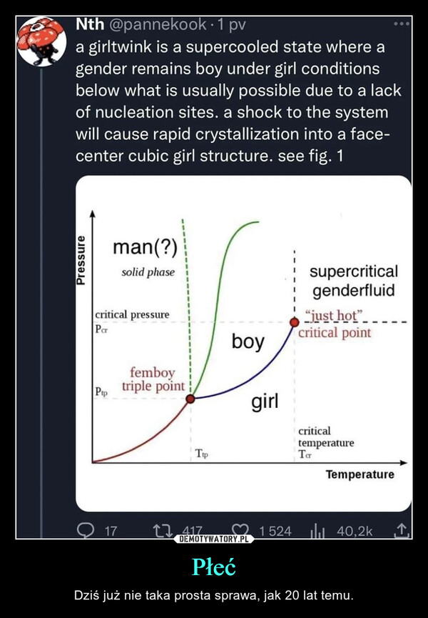Płeć – Dziś już nie taka prosta sprawa, jak 20 lat temu. Nth @pannekook.1 pva girltwink is a supercooled state where agender remains boy under girl conditionsbelow what is usually possible due to a lackof nucleation sites. a shock to the systemwill cause rapid crystallization into a face-center cubic girl structure. see fig. 1Pressureman(?)solid phasecritical pressureParPip17femboytriple pointTip417boygirlsupercriticalgenderfluid"just hot"critical pointcriticaltemperatureTaTemperature152440,2k ↑