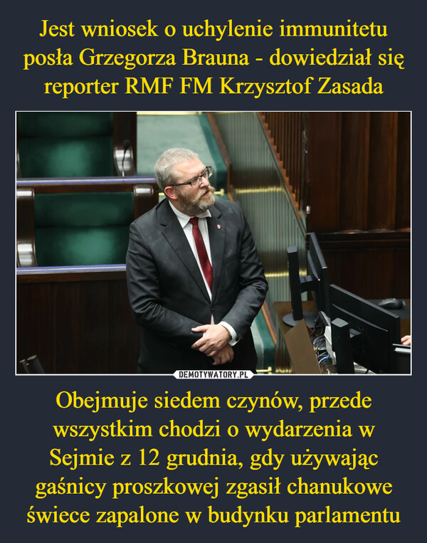 Obejmuje siedem czynów, przede wszystkim chodzi o wydarzenia w Sejmie z 12 grudnia, gdy używając gaśnicy proszkowej zgasił chanukowe świece zapalone w budynku parlamentu –  