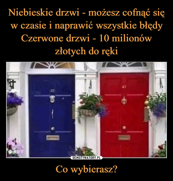 Niebieskie drzwi - możesz cofnąć się w czasie i naprawić wszystkie błędy
Czerwone drzwi - 10 milionów złotych do ręki Co wybierasz?